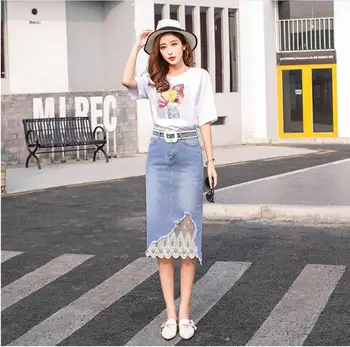 

2018 summer new skirt large size S-2XL women's fashion Korean version of Lap top mesh Patchwork denim skirt