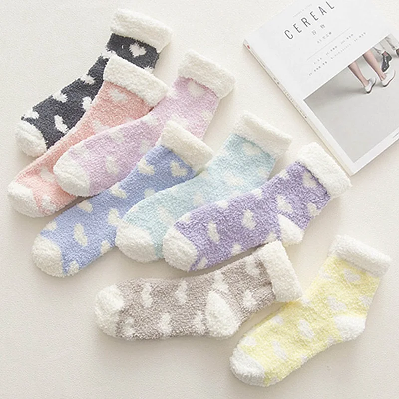

1Pair Women Long Winter Warm Socks Coral Fleece Bed Sleep Socks Lined Slipper Non Slip Calcetines Casual Home Floor Sock