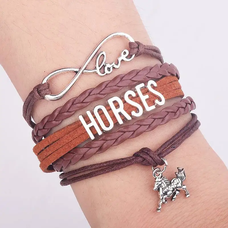 New Style Handmade Infinity Love 8 & Silver Plating Letters Horse Charm Leather Bracelet for Woman or Girl Gifts