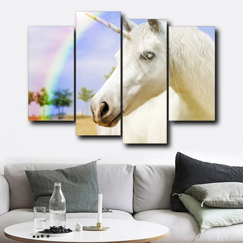 

Laeacco 4 Panel Rainbow White Unicorn Wall Art Posters and Prints HD Canvas Calligraphy Painting Nordic Home Living Room Decor