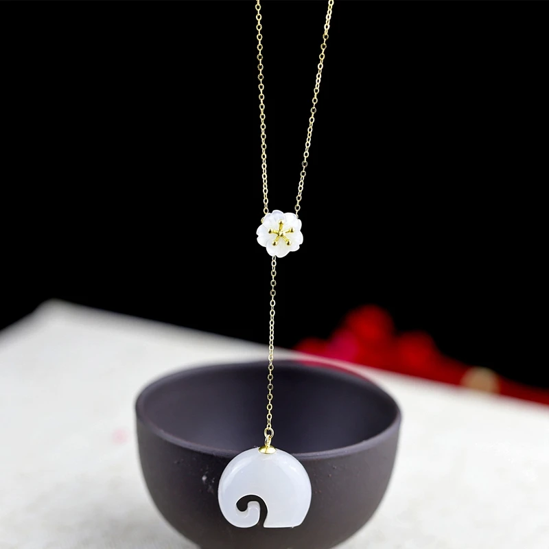 

LouLeur jade 100% 18K gold necklace gold natural white jade elephant flowers 18K gold necklace for women gold jewelry 18K gift