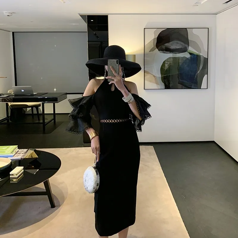 WHITNEY WANG летнее Модное Элегантное сексуальное многослойное платье миди с открытыми плечами и расклешенными рукавами, женские платья для вечеринок