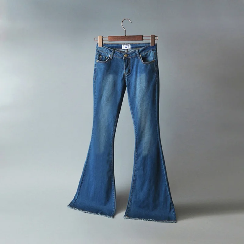 Fashion new arrival dark blue elastic mid low waist full length slim fit skinny denim flare