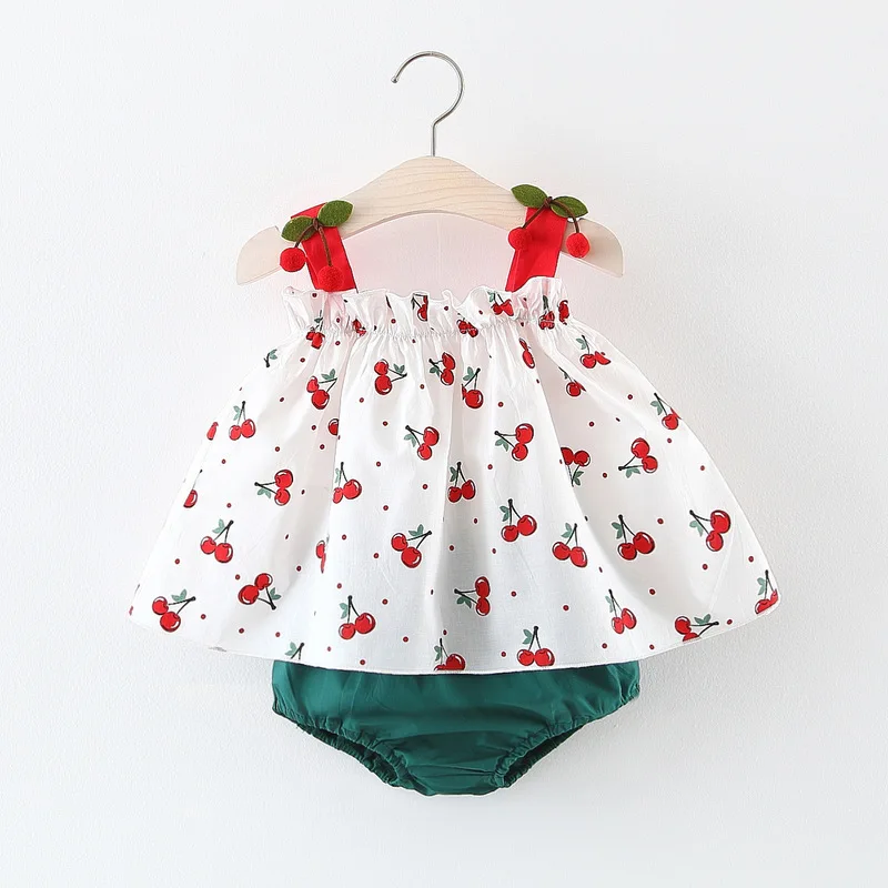 

Newborn Baby Girl Summer Clothes Cherry Suspender Dress and PP Trouser 2pcs Infant Clothing Set Brand Cotton Little Girls Outfit