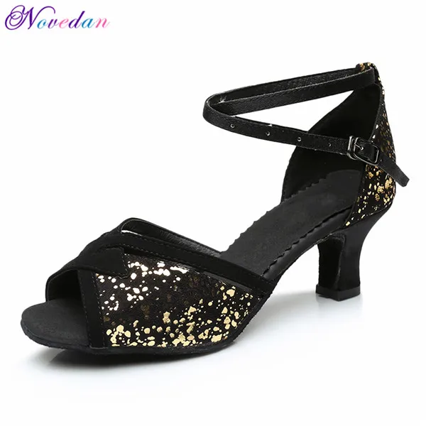 Блестящие танцевальные туфли для сальсы, латинские женские туфли для танго, женские туфли для латинских танцев, черные туфли для бальных танцев 5 см/7 см - Цвет: Black Gold 5cm