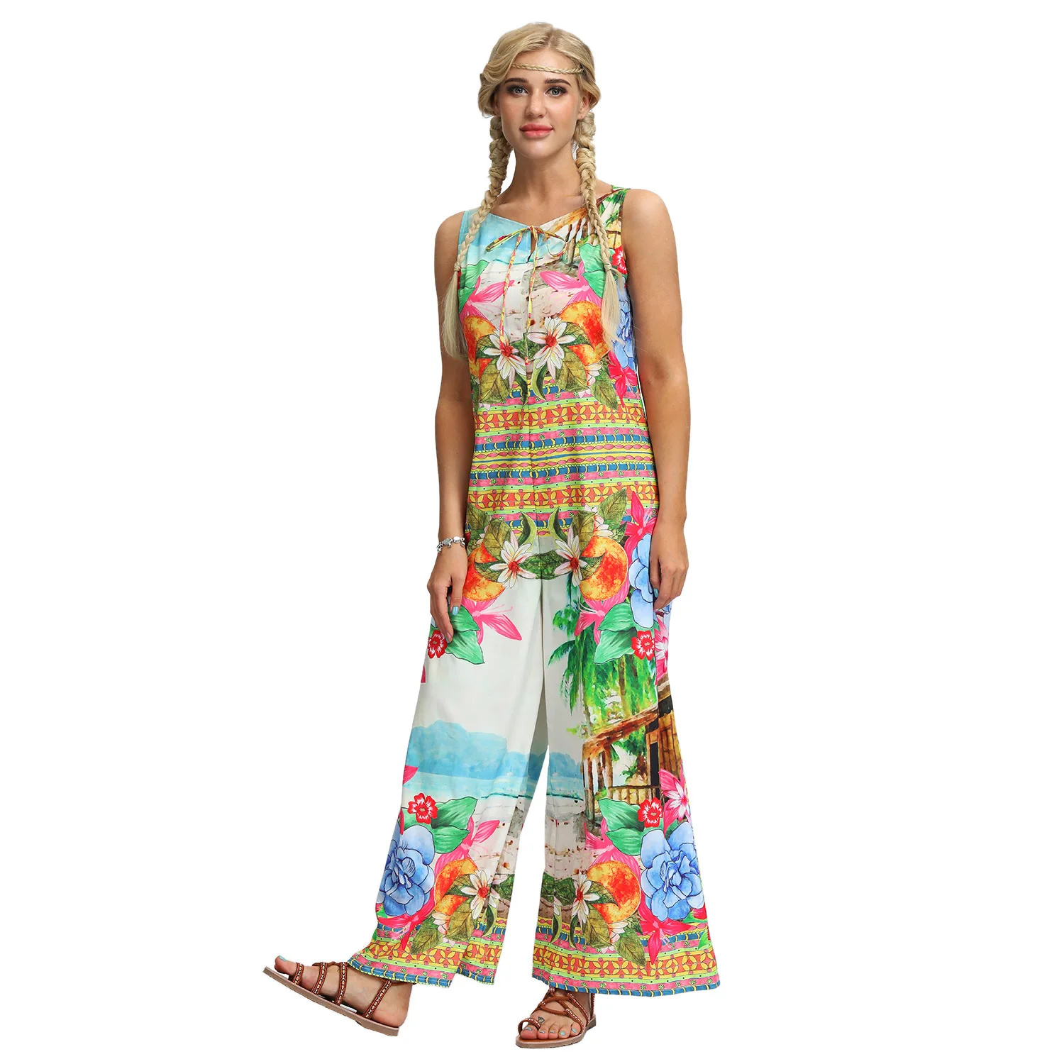 Летние женские комбинезоны без рукавов Модный богемный стиль наряд Boho Цветочный Принт Комбинезон Femme широкие свободные длинные брюки