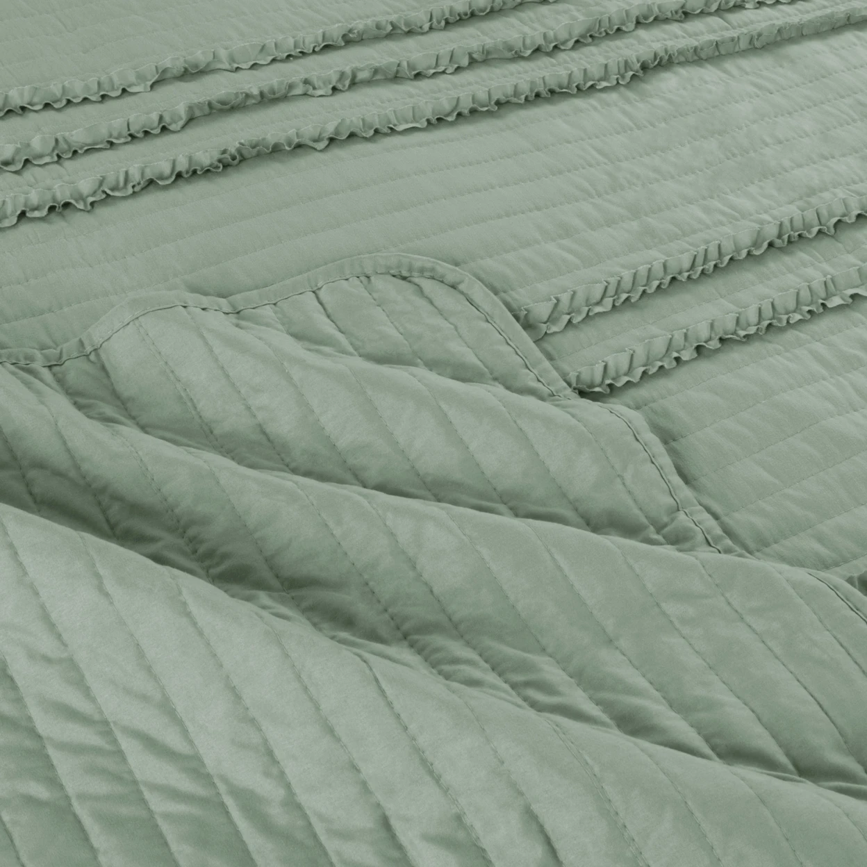 Mint Queen 3 Pc Set Quilted Bedspread Elegant Striped Ruffle Hypoallergenic w Shams (3)