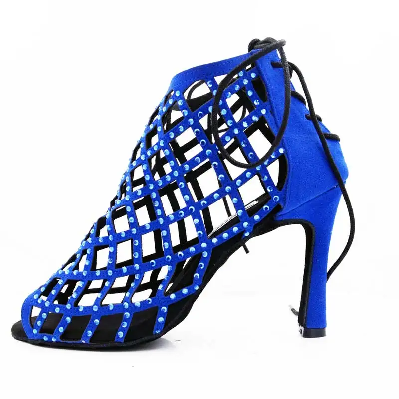 Новое поступление; женская обувь; Танцевальная обувь для сальсы с синими стразами бальная туфля; женская обувь для латиноамериканских танцев; замшевая подошва; женская обувь для танцев - Цвет: Blue 10cm