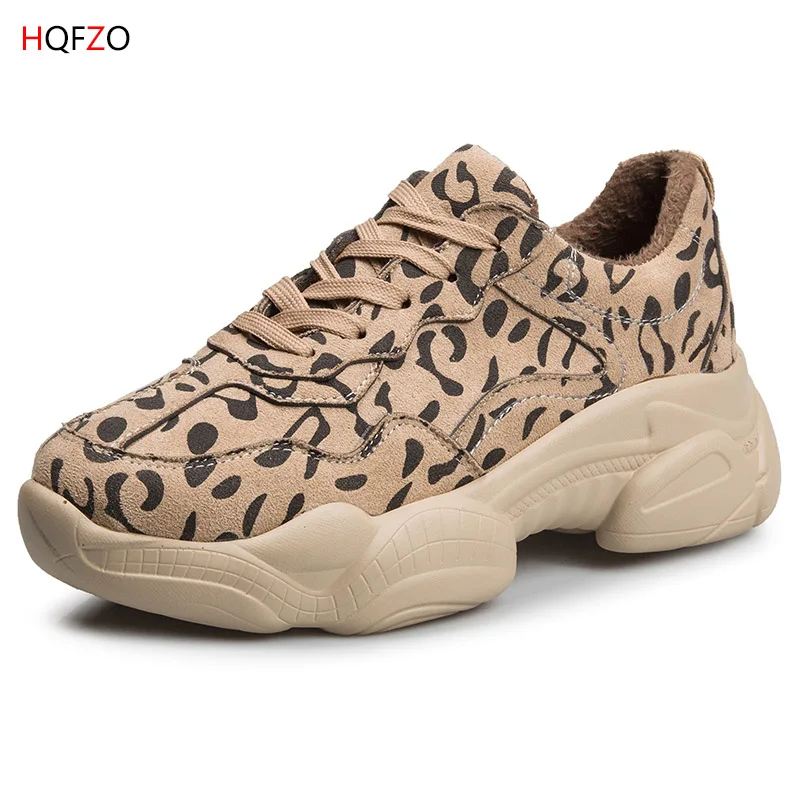 HQFZO/Pantshoes; удобные кроссовки из флока на высоком каблуке 5 см; женские массивные кроссовки на платформе; зимняя женская обувь; Повседневная Осенняя обувь - Цвет: beige winter