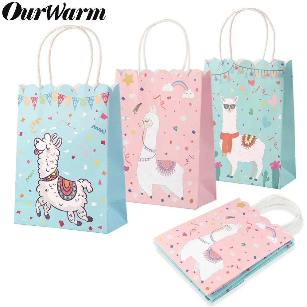 OurWarm 5 قطعة ورقة حقائب للهدايا مع مقابض الكرتون الحيوان الألبكة اللاما حزب أكياس الحلوى مربع استحمام الطفل عيد ميلاد حزب لوازم