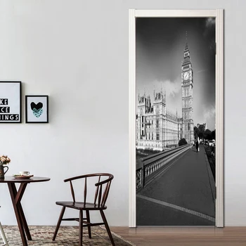 

2pcs PVC Waterproof Door Mural Sticker Black White City Building Landscape Poster Self Adhesive Home Decoration Door Stickers