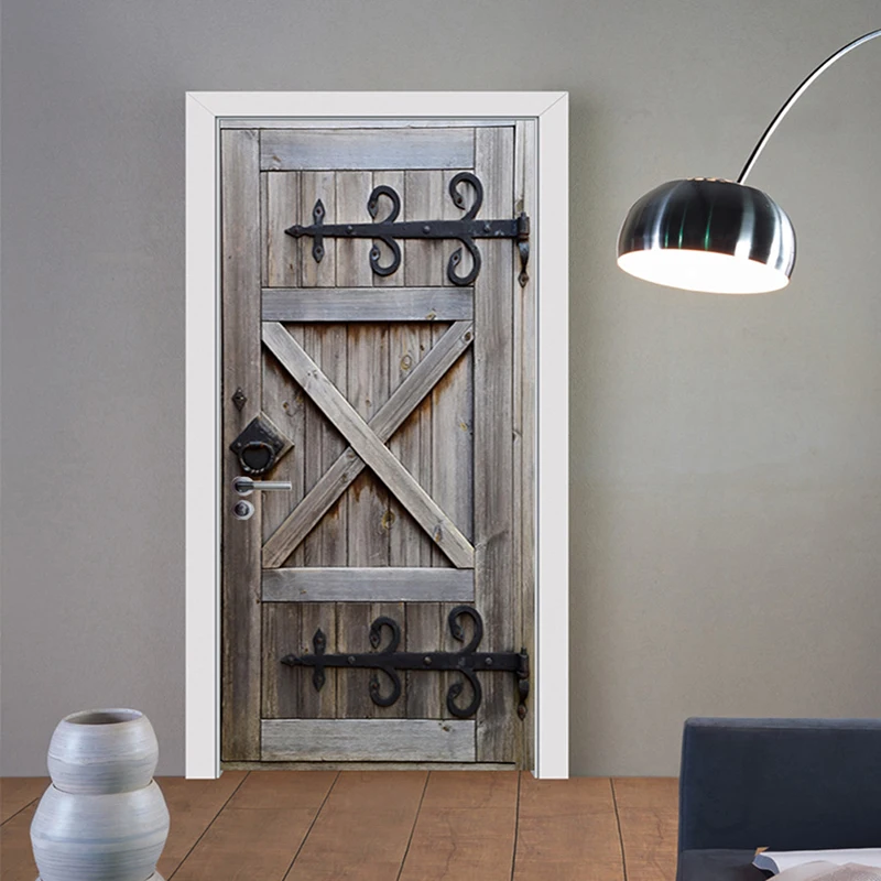 

Wooden Stickers 3D Door Sticker Retro Old Wooden Door Wall Sticker Art Mural creative Wallpaper Waterproof DIY Home Decor