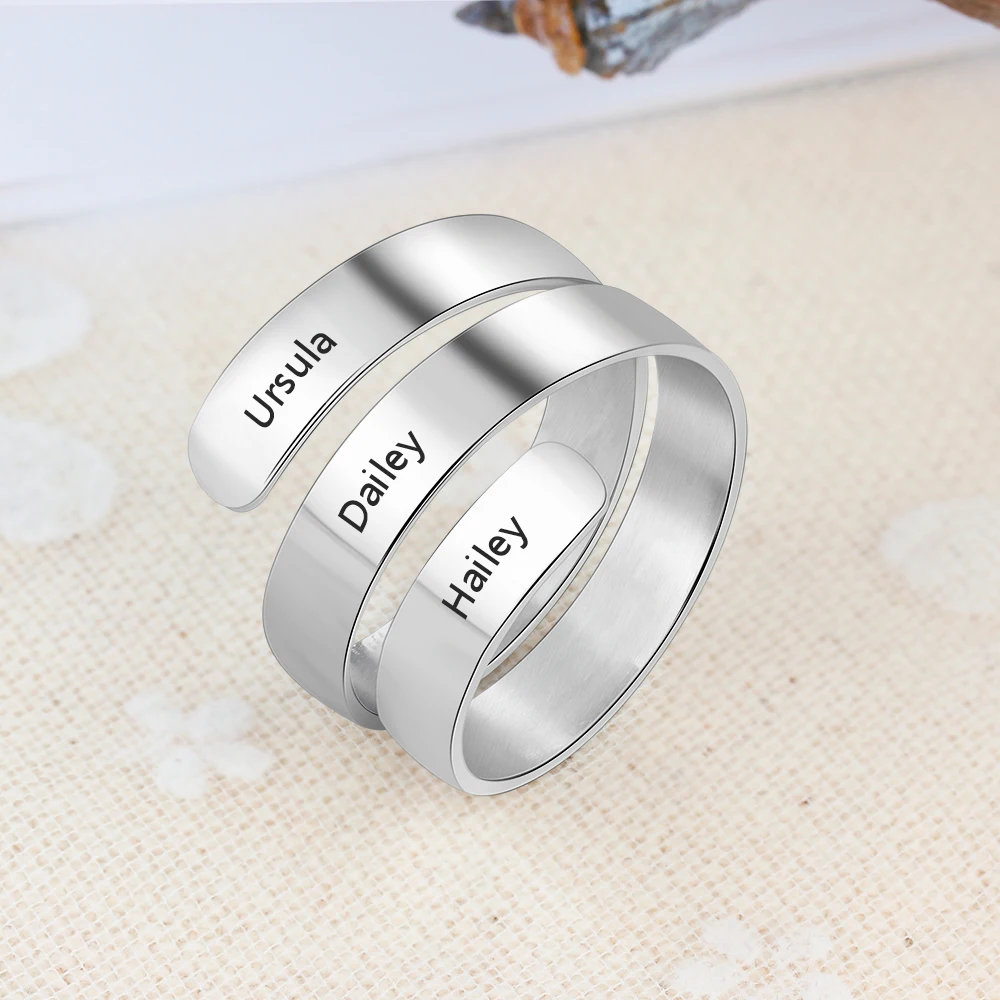 2 Color Personalized Gift Engraved 3 Name Stainless Steel Adjustable Rings For Lovers' Anniversary Jewelry (JewelOra RI103745)