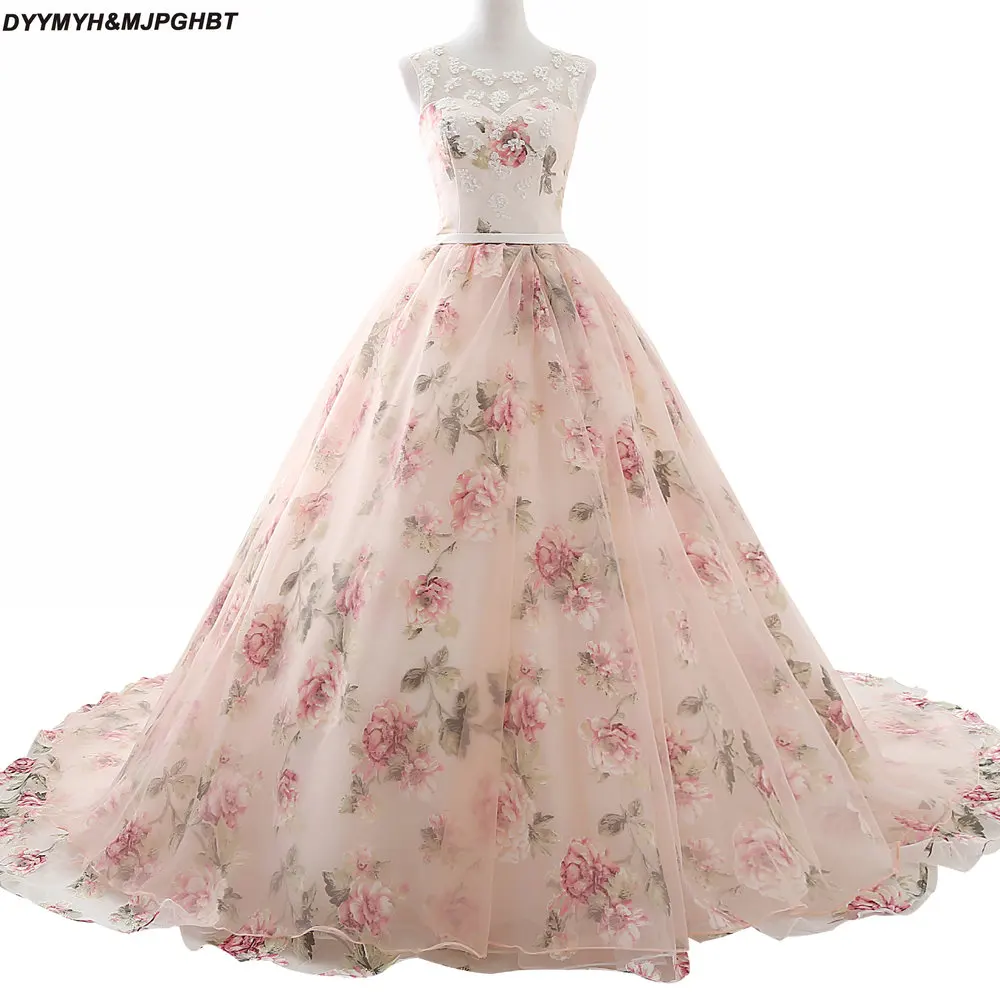 

Glamours Floral Evening Dresses 2018 Illusion Nude Crew Neck Beautiul Ball Gown Evening Gowns