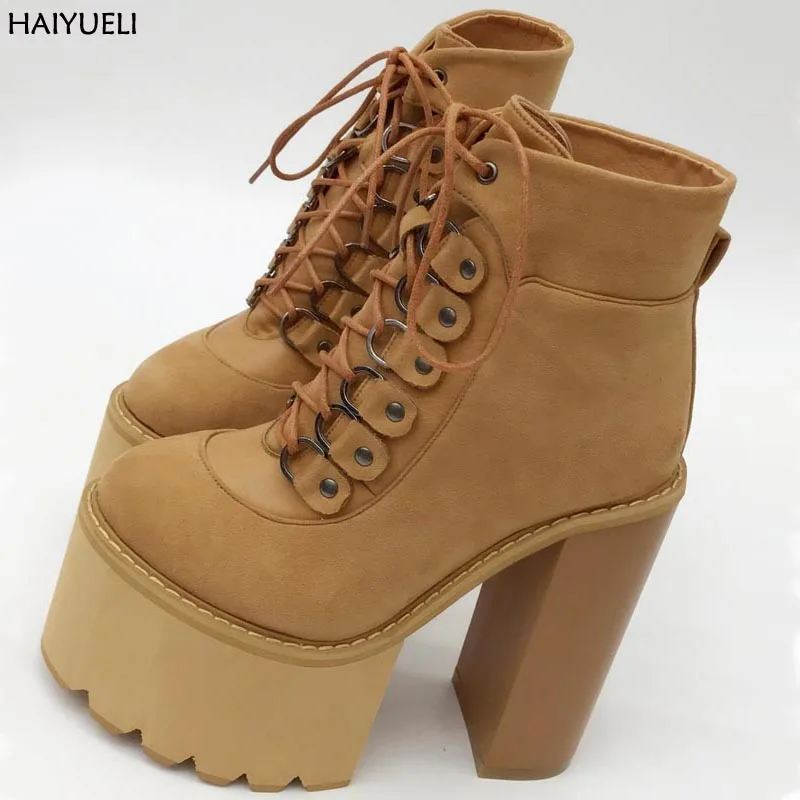 Boots Female Spring Woman Thick High Heeled Boots Fashion Lace Up Platform Ankle Boots Punk Black/White Nightclubs Short Boots