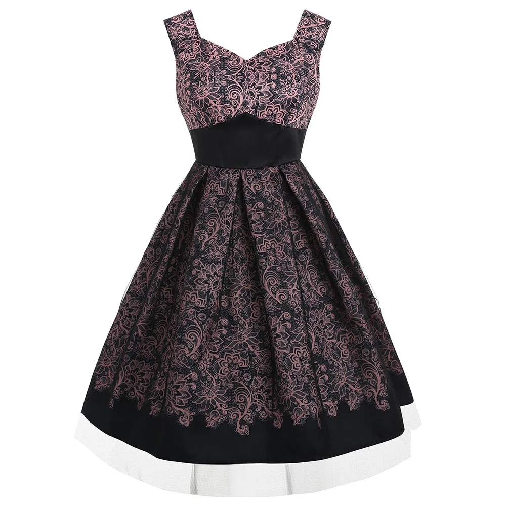 

Women Retro V-neck Floral Print Lace Dress Sleeveless Mandala A-line Knee-length Dress High Waist Vintage Lady Summer Dress