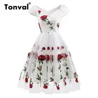 Tonval Rose Flower Embroidery V neck Elegant Dress Pleated Mesh Overlay Floral White Dresses Women Vintage Style Party Dress