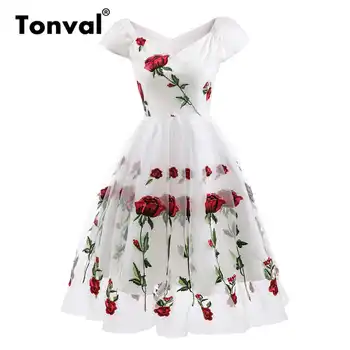 Tonval Rose Flower Embroidery V neck Elegant Dress Pleated Mesh Overlay Floral White Dresses Women Vintage Style Party Dress