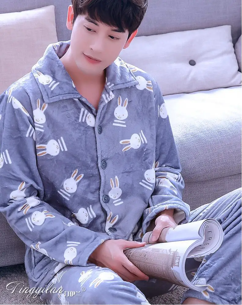 Winter Pajamas Men Thick Coral Fleece Man Pajamas Sets O-Neck Long Sleeve Pyjamas For Men Sleepwear Warm Pajamas Male Homewear