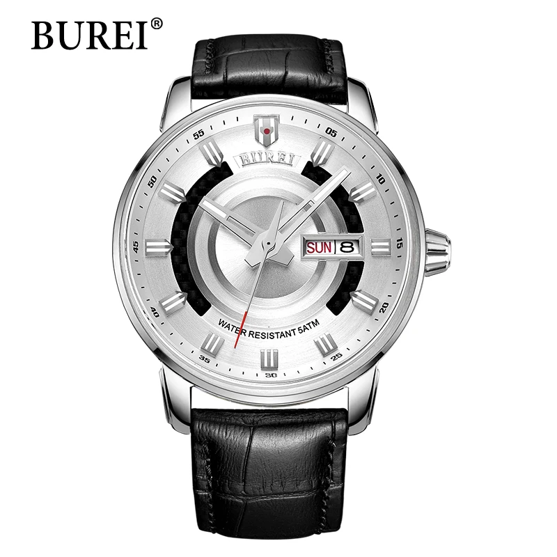 BUREI Men Mechanical Watch Calendar Automatic Genuine Leather Strap Fashion Casual Male Luminous Clcok Waterproof Wristwatches