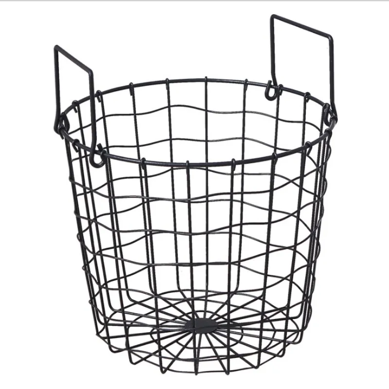 Black Home Storage Basket Geometric Iron Metal Wire Round Tray Magazine Post Flowers Organization Case with Handle