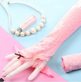 Женские летние солнцезащитные полупальцевые кружевные анти-УФ-защита для сна длинные дизайнерские кружевные перчатки солнцезащитные Нескользящие перчатки - Цвет: pink