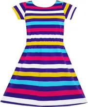 Filles Robe Colorée Rayé Tricoté Coton Stretch École Robe 2017 D’été Princesse De Soirée De Mariage Robes Vêtements Taille 4-10