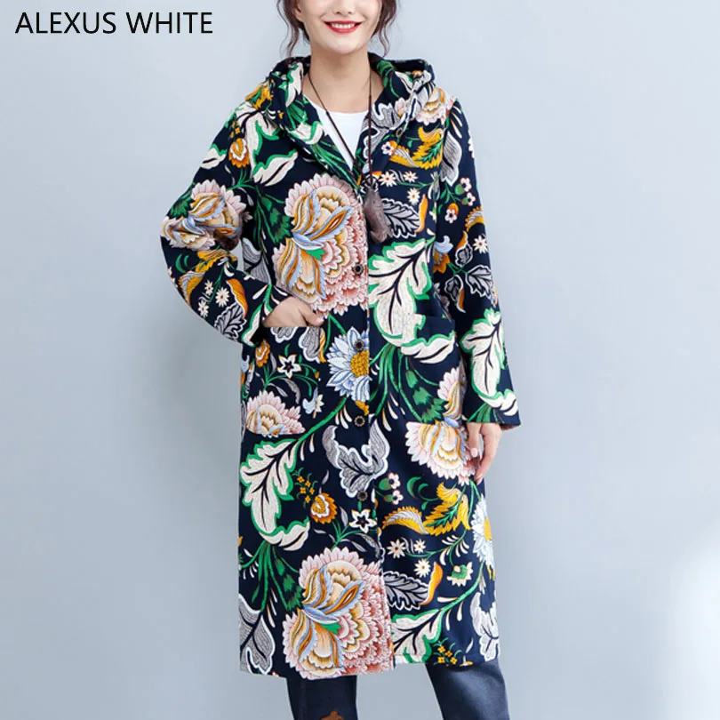 

2017 Winter Women Hooded Parkas Long Paragraph Velvet Coats Female Cotton and Linen Floral Prnted Jackets Outwear