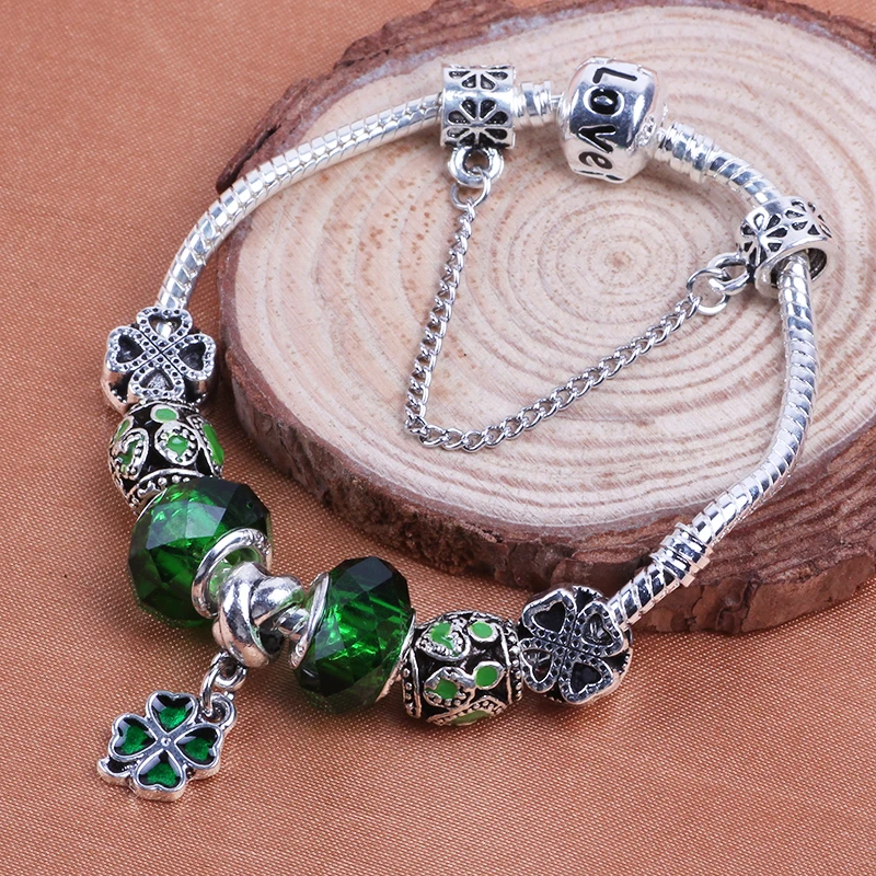

AIFEILI Elegant Silver Color DIY Charm Bracelet for Women Chain Green Beads Fashion Jewelry Fit W Bracelets Best Gift