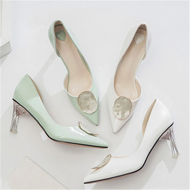

Women Pumps Wedding Shoes Sexy High Heels Fashion Patent Leather Pumps 7.5cm Transparent Heel 2019 New Ladies Party Office Shoes