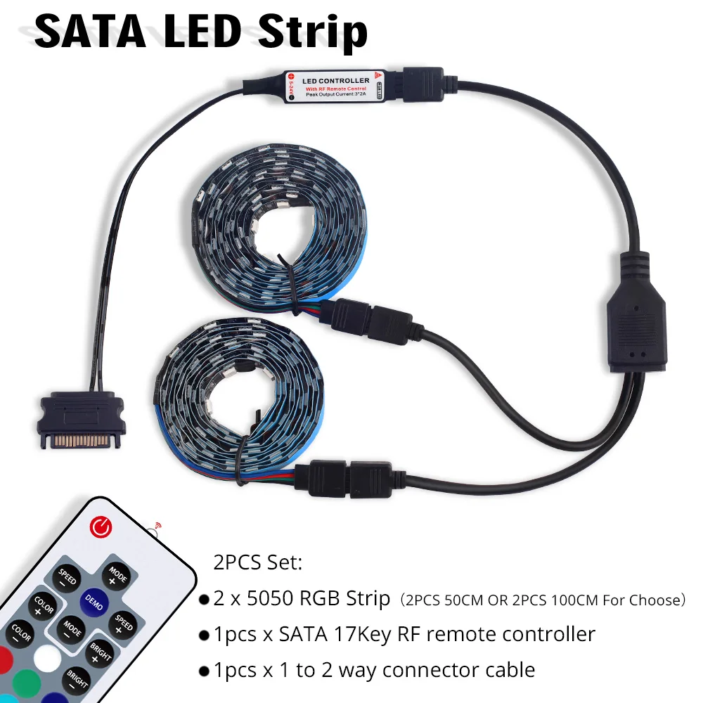 DC 12 В RGB 5050 Светодиодная лента для Светодиодный чехол для ПК компьютера SATA rgb лента 1 м 2 м, 17Key RF SATA светодиодный контроллер гибкий светильник