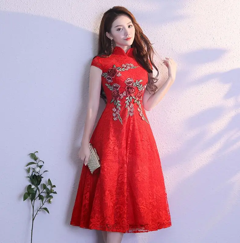 Красный Красное современное китайское платье Qipao сексуальное Чонсам бежевые платья повседневное женское кружевное традиционное вечернее платье Vestido Восточное свадебное - Цвет: Красный