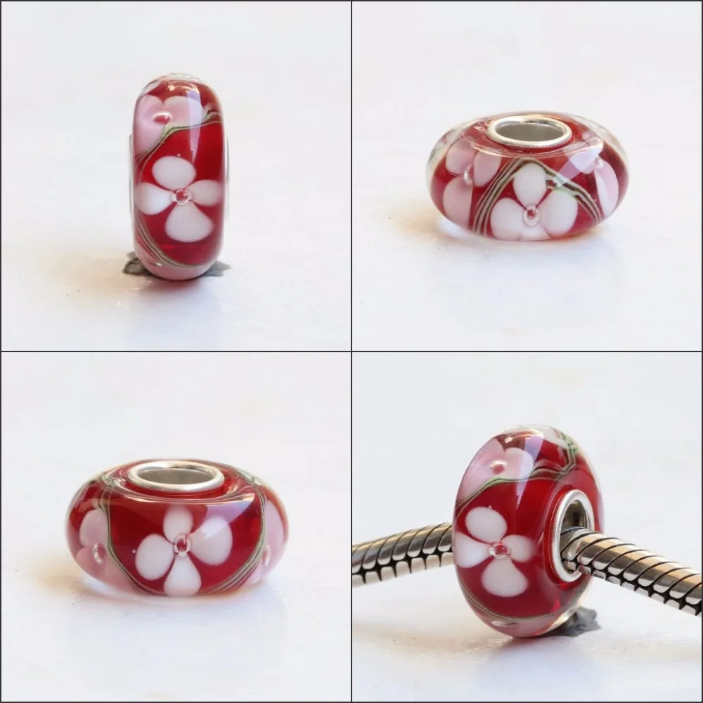 925 Sterling Silver Bead With Flower Glass Charms Compatible Fit Troll European Brand  DIY Bracelet Jewelry Gift For Woman (15)