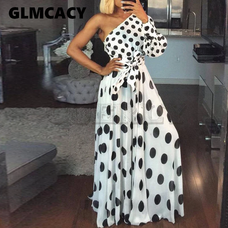 

Women Casual Polka Dot Printed Dress Summer Sexy One ShouCUERLYer Long Sleeve Long Maxi Dress Elegant Party Club Sashes CUERLY