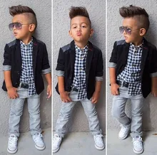 new spring boys jeans wear clothes kids suits children boys coat plaid shirt pants 3pcs Clothing