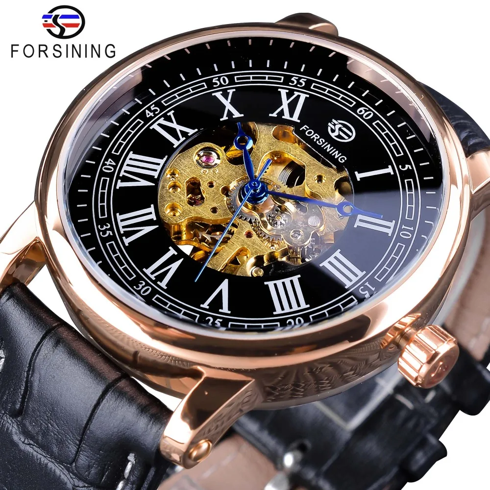 Forsining Fashion Blue Hands Design Rose Golden Clock Men's Automatic Watches Top Brand Luxury Black Genuine Leather Belt nbjkato brand new genuine tensioner timing belt 24410 3e500 for hyundai santa fe azera kia rondo optima 2 7l 2006 2010