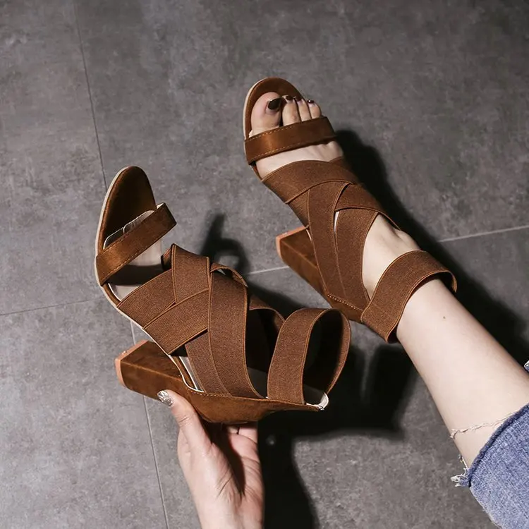 

Gladiator Sandals Fashion Women Sandals High Heels Open toe Ankle Strap Elastic band Shoes Size34-43 Pumps black sandalias mujer