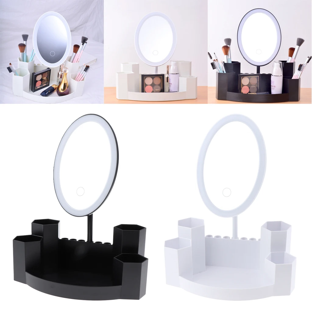 

Lighted Makeup Mirror, Led Lights Vanity Mirror with Make Up Organizer Stand, Touch Screen, 180° Rotation