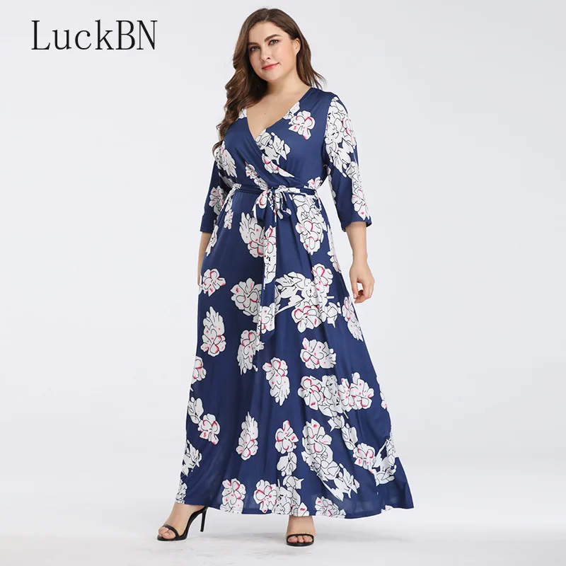 

Brand New Women Dress Fashion V Neck Long Sleeve with Belt Maxi Long Dress Boho Beach Plus Size Big Size Printed Dresses Sexy