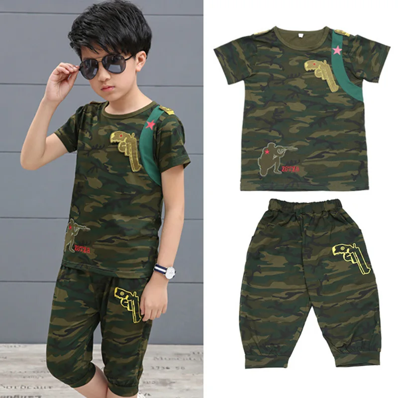 

Summer Baby Boy Short-Sleeved Camouflage Military Uniform Printed Shirt T-shirt + Shorts Children Casual Wear Suit Kid Clothes