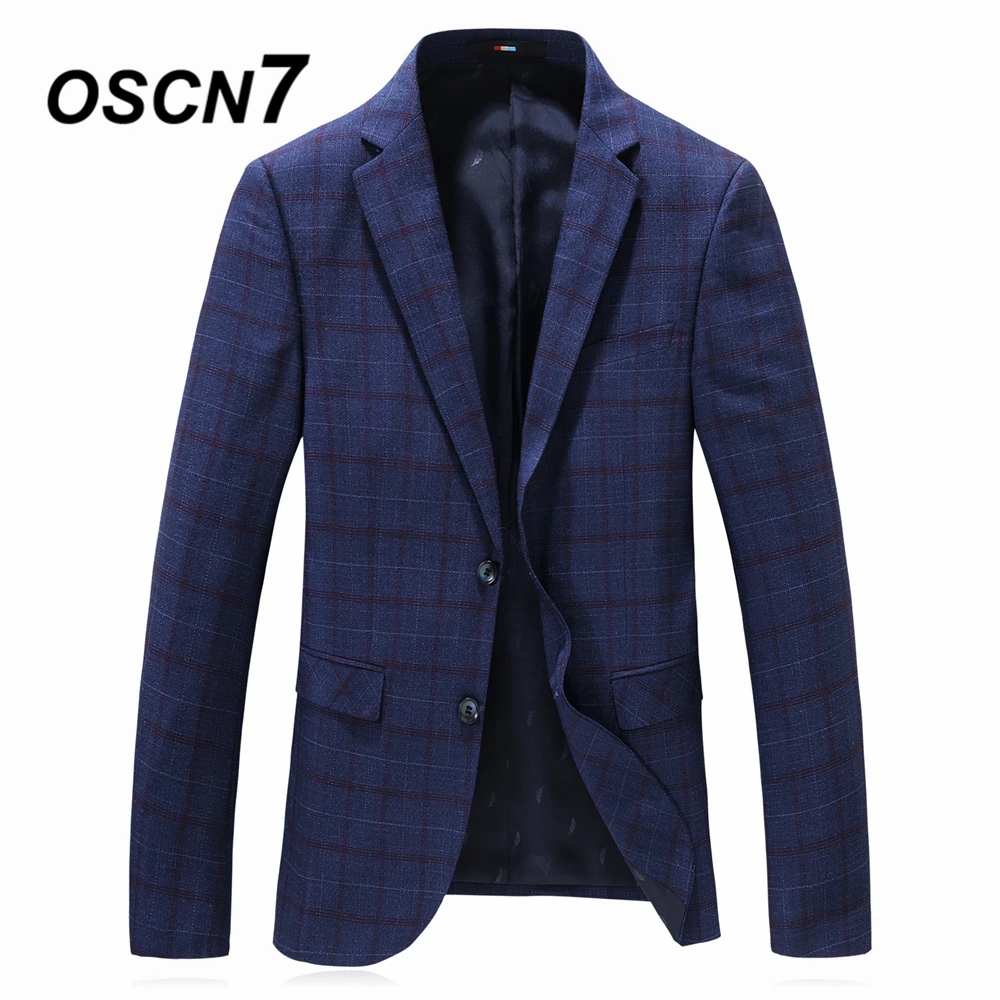

OSCN7 Plaid Leisure Slim Fit Thin Blazer Mens 2019 Spring Casual Business Formal Check Flip Cover Suit Jackets Men 9801