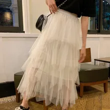 Fashionable Summer Mesh Elastic Waist Solid Color Women Long Skirt Spring Streetwear High Waist Loose Black White Ladies Skirt fresh style solid color elastic waist tiered skirt for women