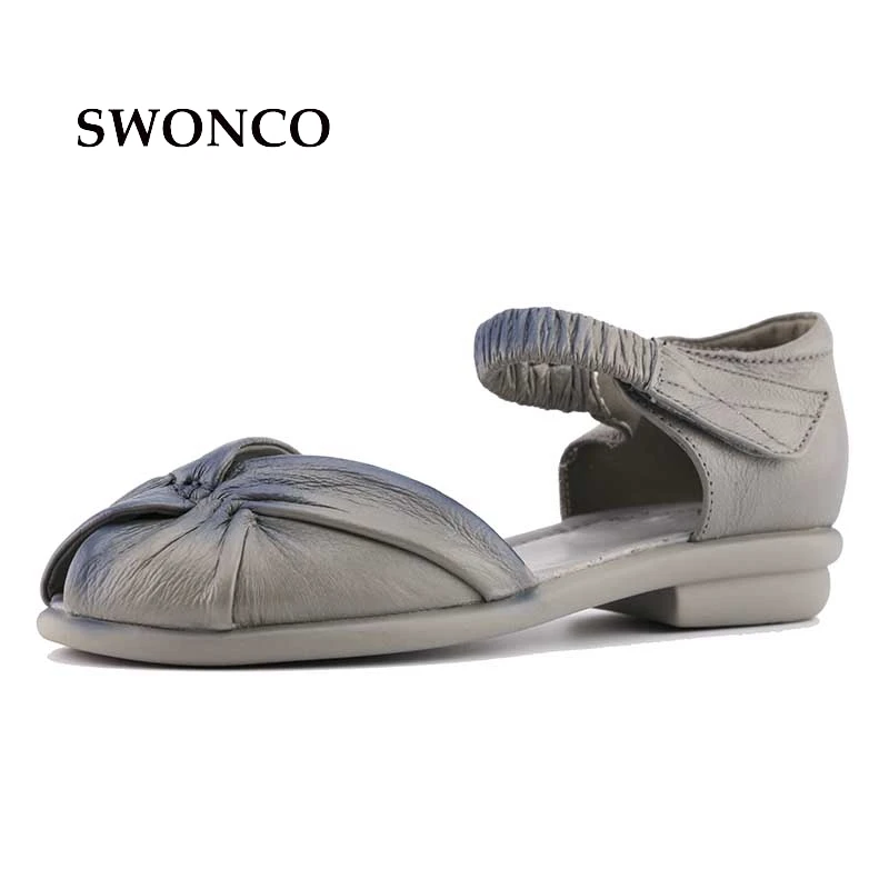 Fish Toe Sandals Shoes Woman Genuine Leather 2017 Summer New Retro Elastic Flat Female Shoes 40 Plus Size