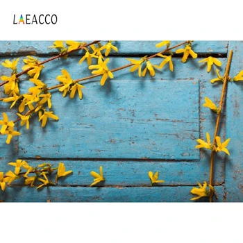 

Laeacco Blue Wooden Board Yellow Flower Food Portrait Photography Background Customized Photographic Backdrops for Photo Studio