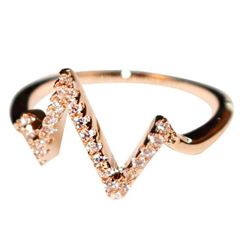 

Trendy Heartbeat Women's Rings Crystal Fashion Creative ECG Rings Golden Lightning Waves Ring Party Jewelry Gifts