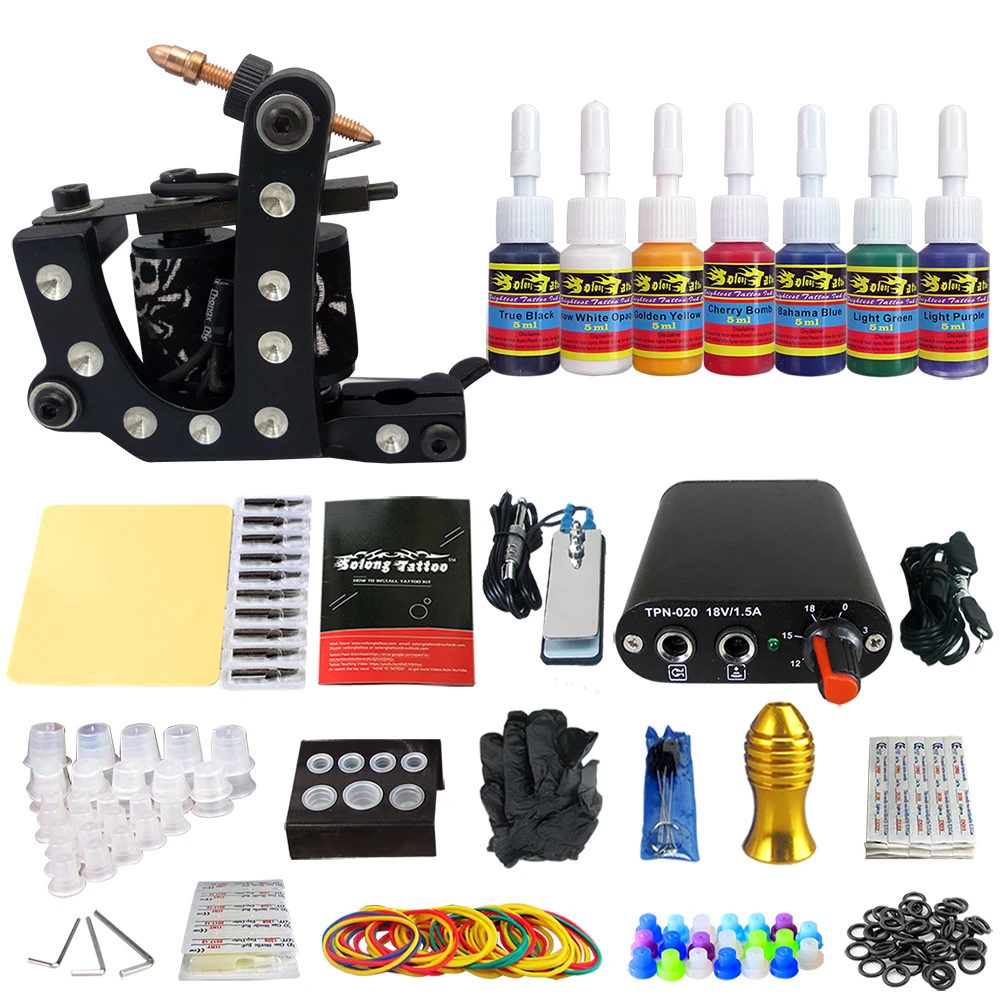 

Solong Tattoo Complete Beginner Tattoo Kit 1 Machine Gun 7 Color Inks Power Supply Grips Foot Petal Needles Set TK105-40