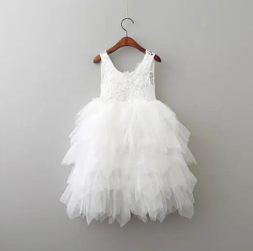 Новое летнее платье принцессы для девочек кружевное многослойное фатиновое платье до середины голени с цветочным узором для свадебной вечеринки, детская одежда - Цвет: Белый