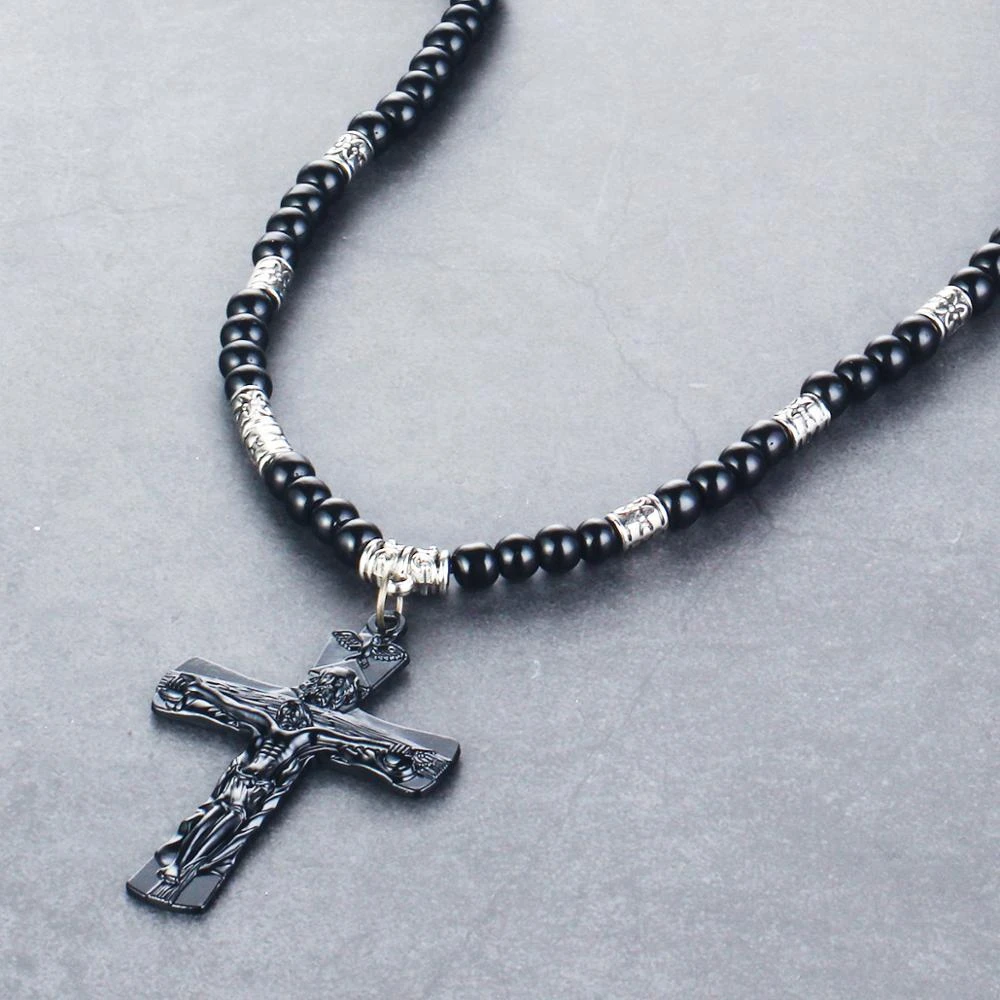Religious Cross Necklace Men Natural Beads Chain Necklace Crucifix