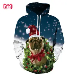 Уличная Рождество Стиль собака с цифровым принтом с капюшоном Для мужчин одежда 2018 свободные пару насыщенный свитер Для мужчин плюс
