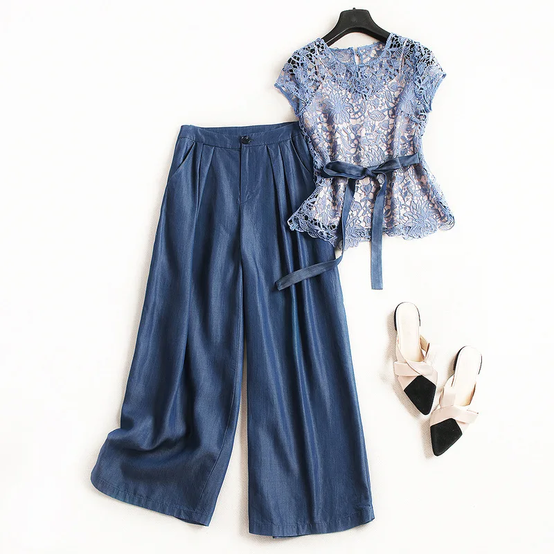 

Women elegant hollow out lace tops and blouse + denim jeans wide leg pant suit two piece set outfits new 2019 spring cocochoose